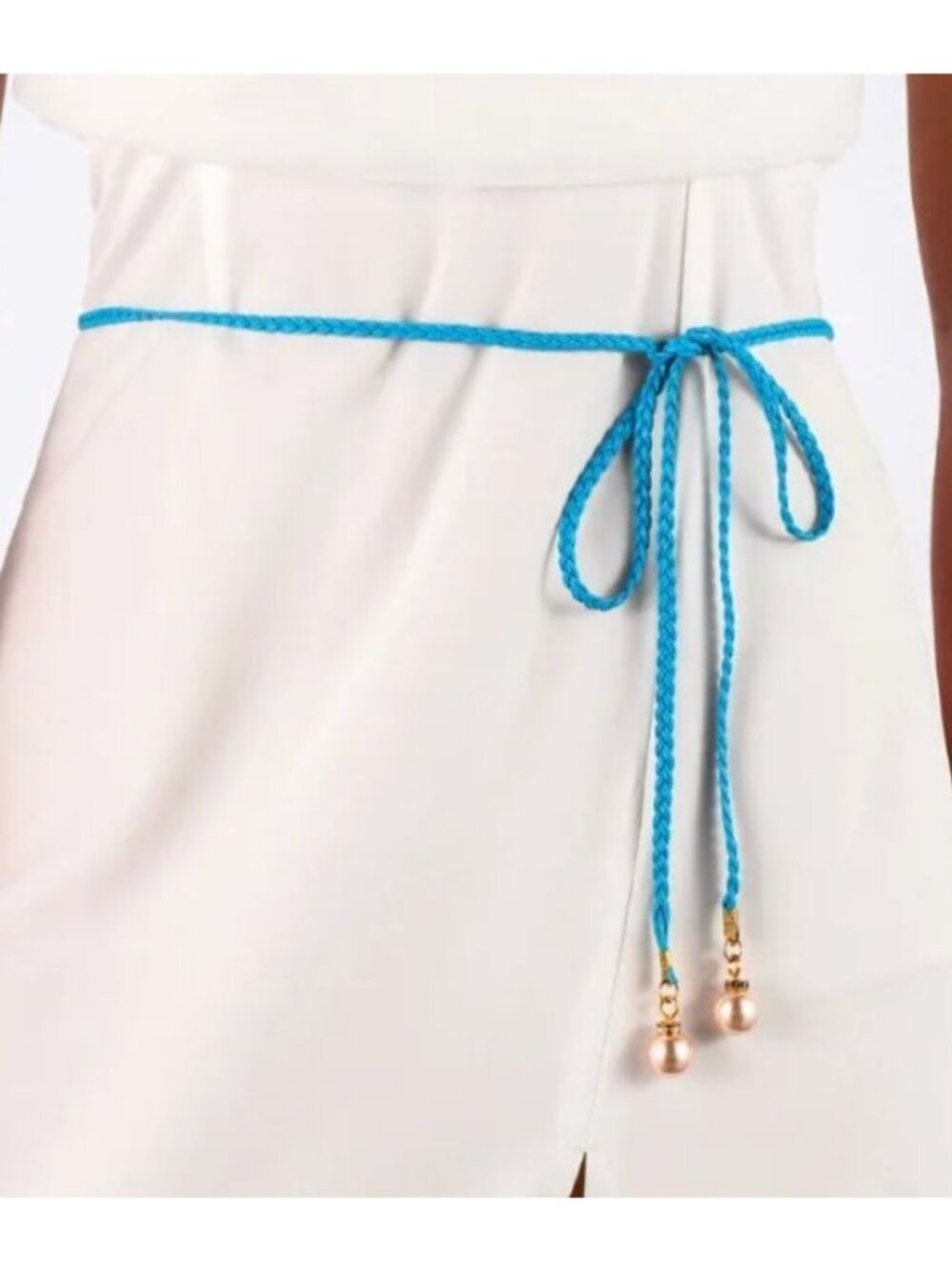 Light Blue Braided Rope Waist Belt With Pearl & Rhinestone on Tassels